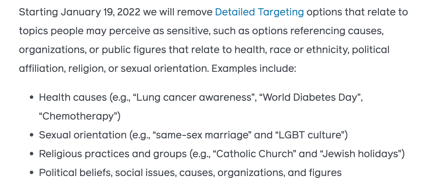 Announcement text: from 19 January 2022 Meta will remove Detailed Targeting options relating to sensitive topics — health, race or ethnicity, political affiliation, religion, sexual orientation.