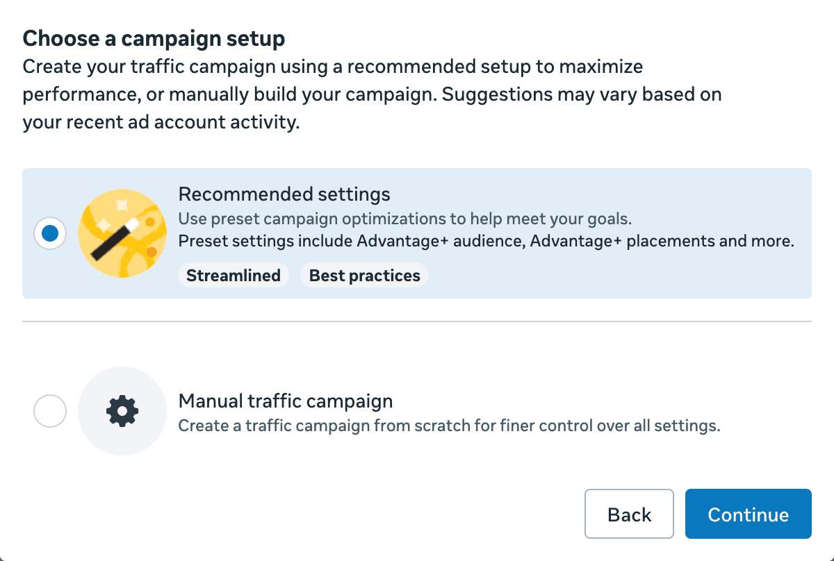 Meta Ads Manager campaign setup: ‘Recommended settings’ is selected by default and its preset settings include Advantage+ audience; a separate ‘Manual’ option is offered for finer control.