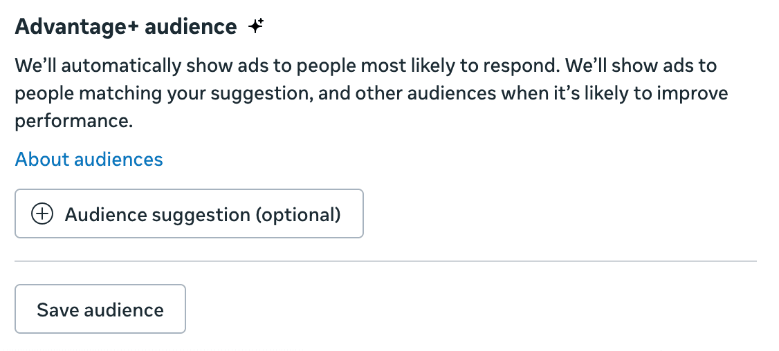 Advantage+ audience panel: ‘We’ll automatically show ads to people most likely to respond. We’ll show ads to people matching your suggestion, and other audiences when it’s likely to improve performance.’ Your own targeting appears as an ‘Audience suggestion (optional).’