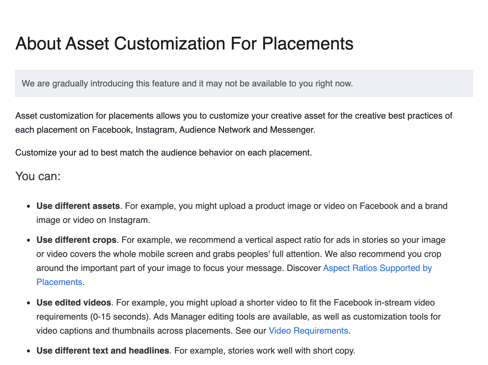 Meta Business Help Centre page ‘About Asset Customization For Placements’, archived 24 August 2019. Under ‘Customize your ad to best match the audience behavior on each placement. You can:’ the first item is ‘Use different assets’, with the example ‘you might upload a product image or video on Facebook and a brand image or video on Instagram.’ Below it: ‘Use different crops’, ‘Use edited videos’, and ‘Use different text and headlines’.